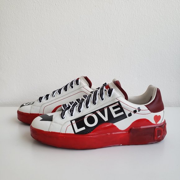Dolce Gabbana Portofino Lace Red and White Love Low Cut Sneaker Size 6 US CS1587 - Picture 1 of 6